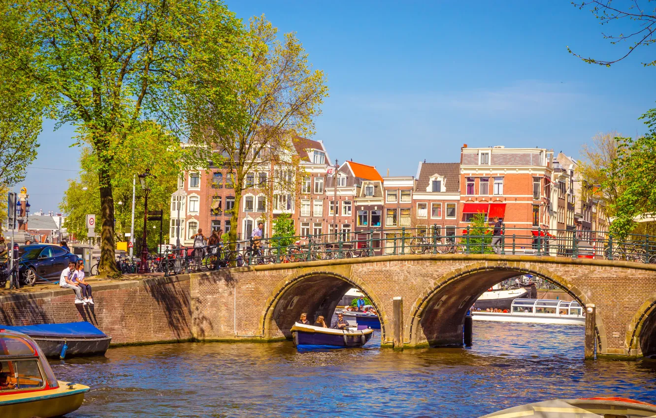 Фото обои мост, река, весна, Амстердам, bridge, Amsterdam, old, spring