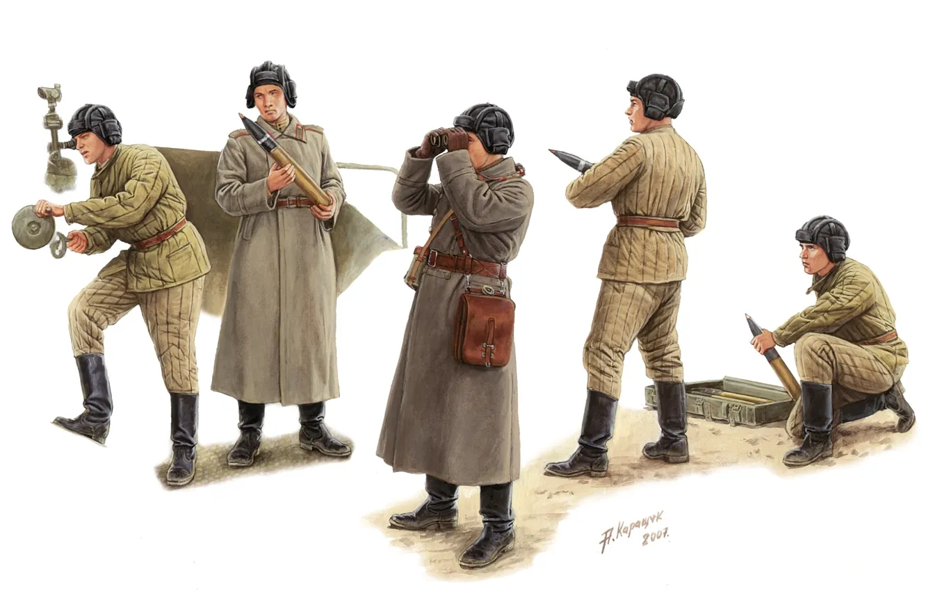 Фото обои рисунок, арт, экипаж, Великая отечественная война, А.Каращук, самоходно-артиллериской установки