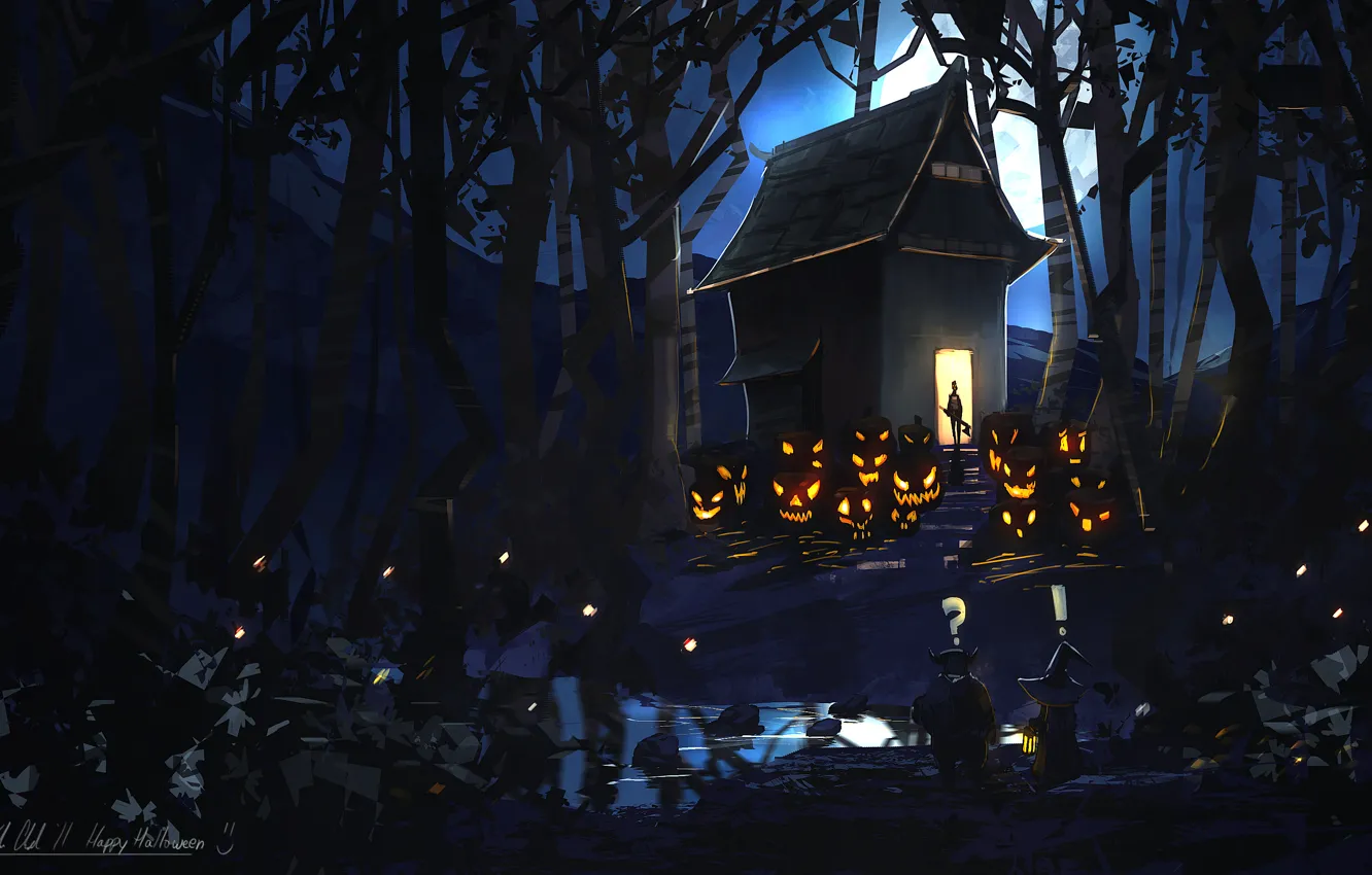 Фото обои лес, ночь, дом, луна, арт, тыквы, нечисть, happy halloween