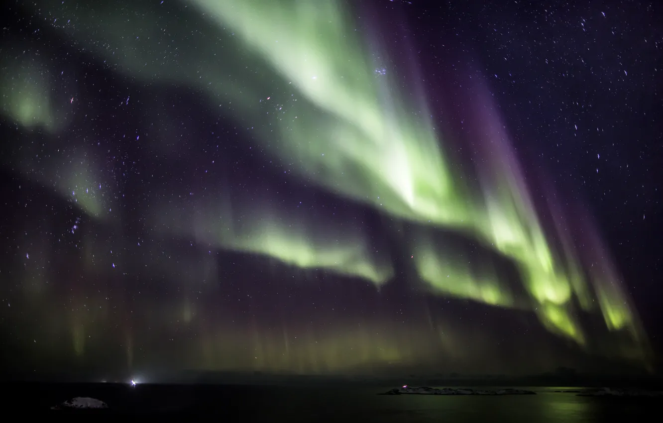 Фото обои вода, звезды, снег, ночь, северное сияние, Aurora Borealis