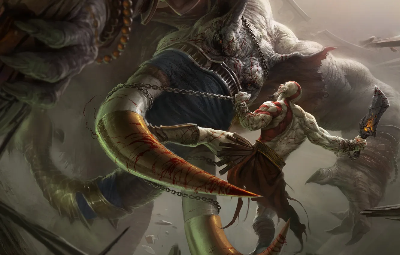 Фото обои кровь, слон, цепь, битва, Kratos, бивни, Кратос, PS3