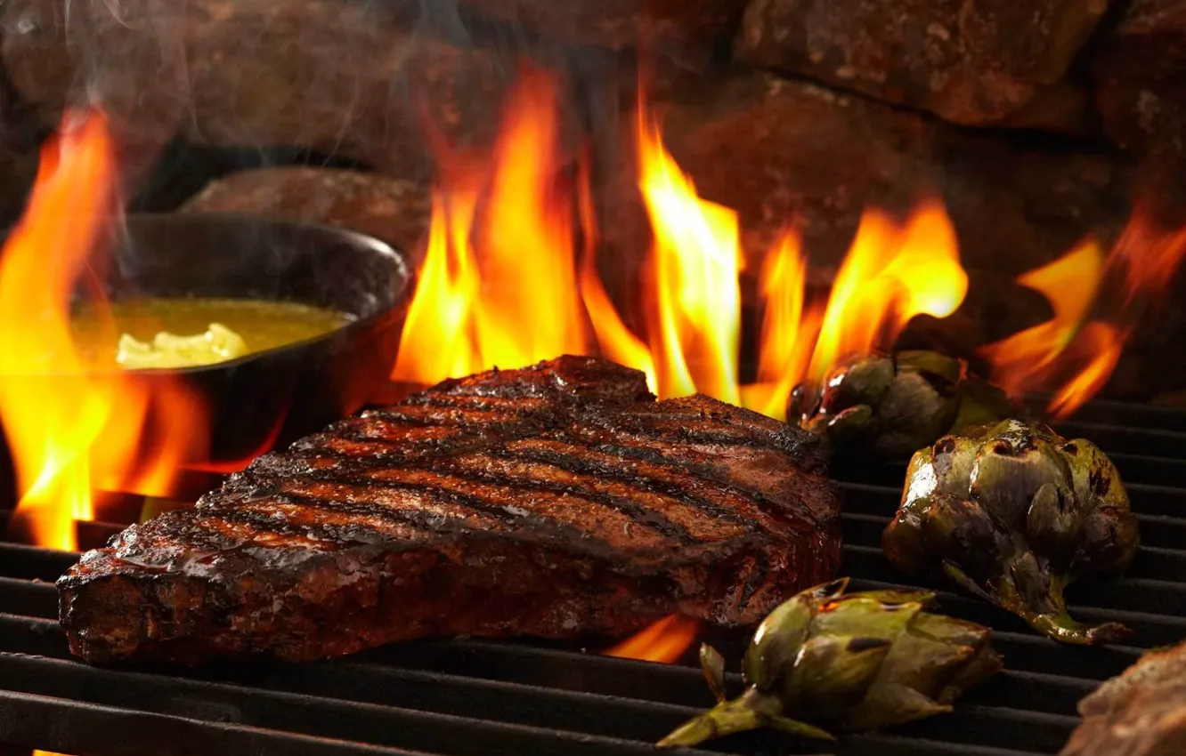 Фото обои Fire, Meat, Steak, Barbecue, Grill