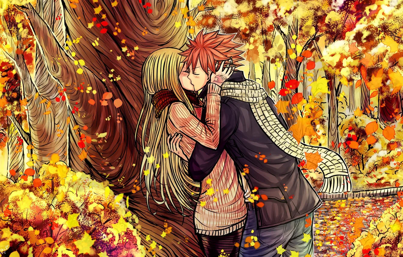 Фото обои осень, романтика, аниме, пара, Fairy Tail, Хвост феи