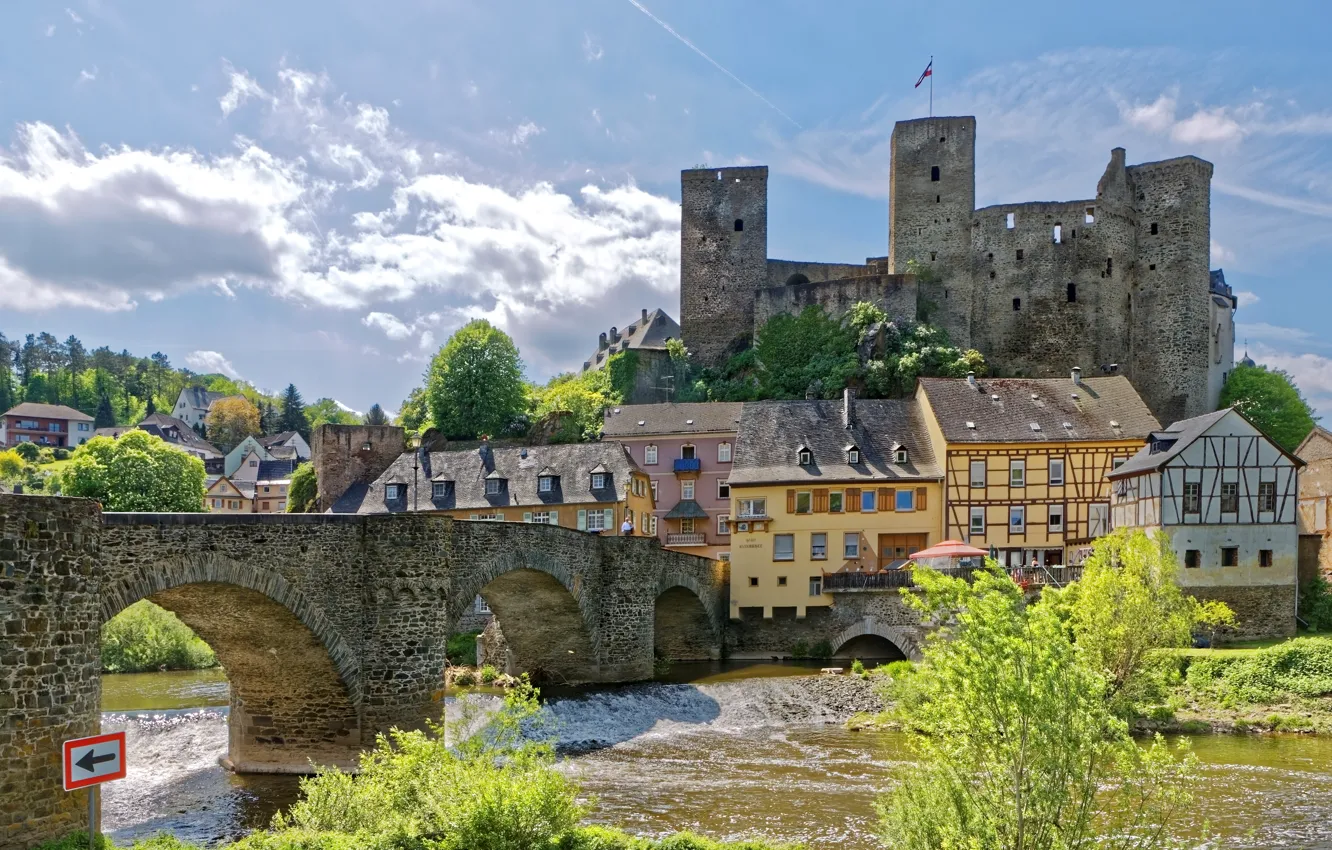 Фото обои пейзаж, мост, река, дома, Германия, крепость, Runkel