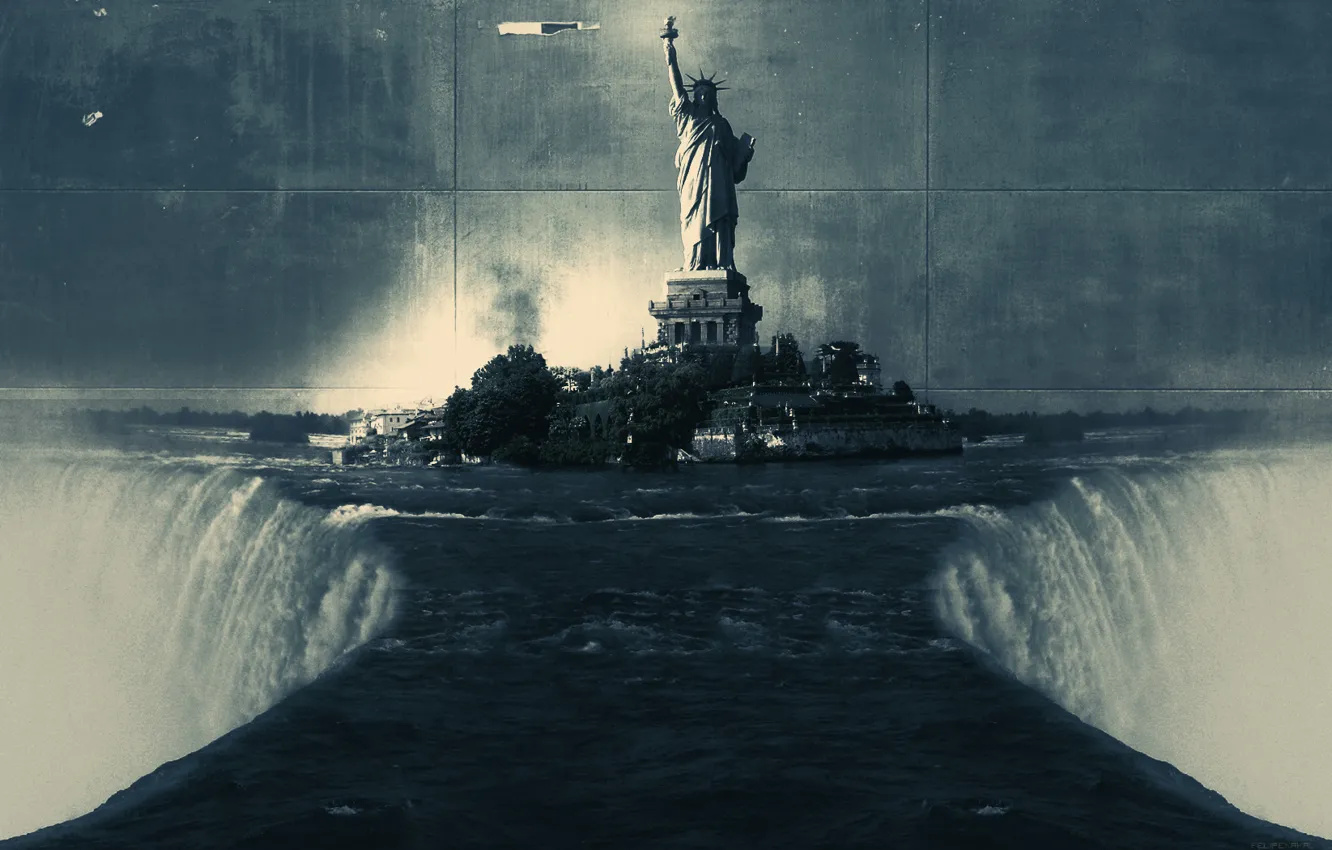 Фото обои стена, водопад, статуя свободы