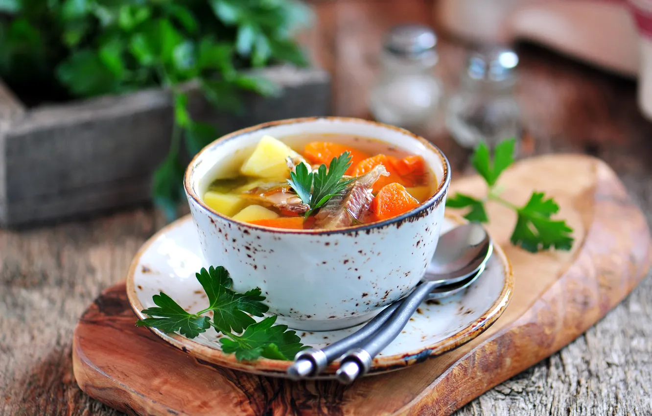 Фото обои суп, миска, овощи, петрушка