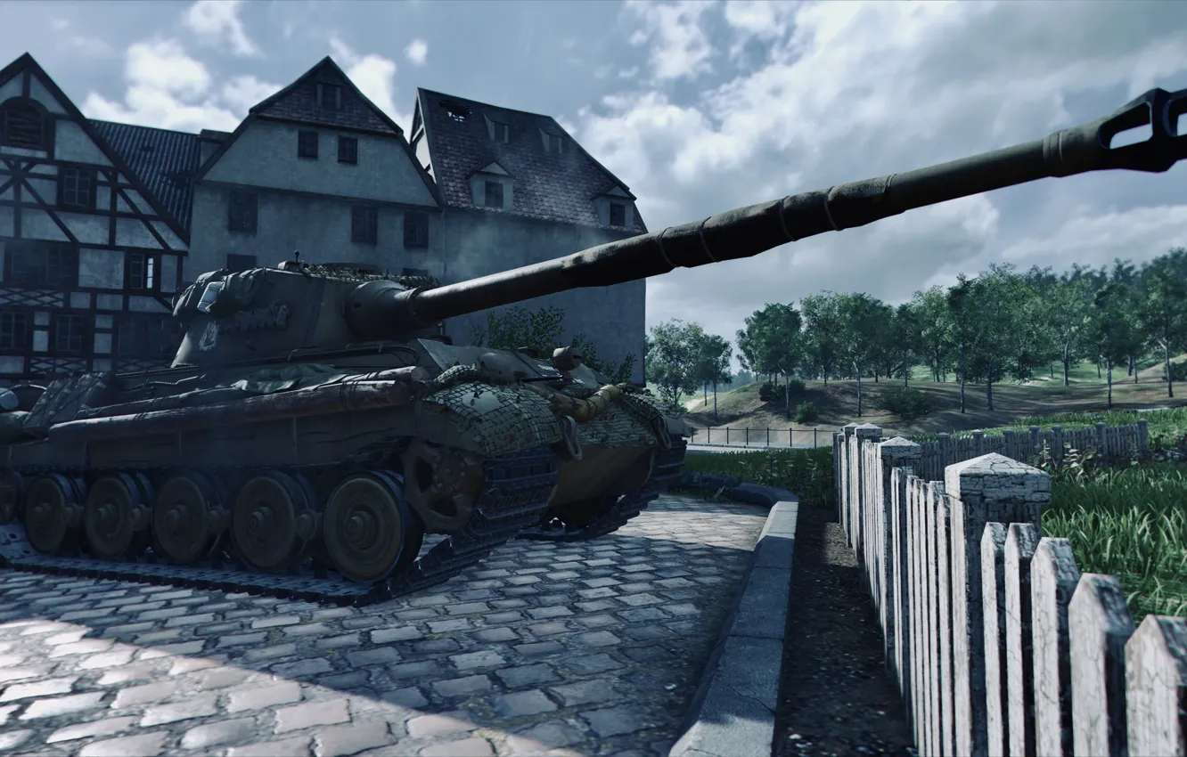 Фото обои HDR, Clouds, Tiger, Tank, World of Tanks, Tiger 2, WOT, Houses