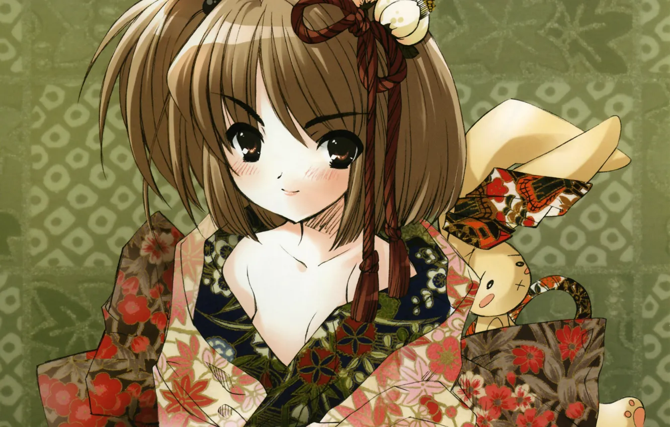 Фото обои узор, кролик, девочка, кимоно, art, челка, noizi ito
