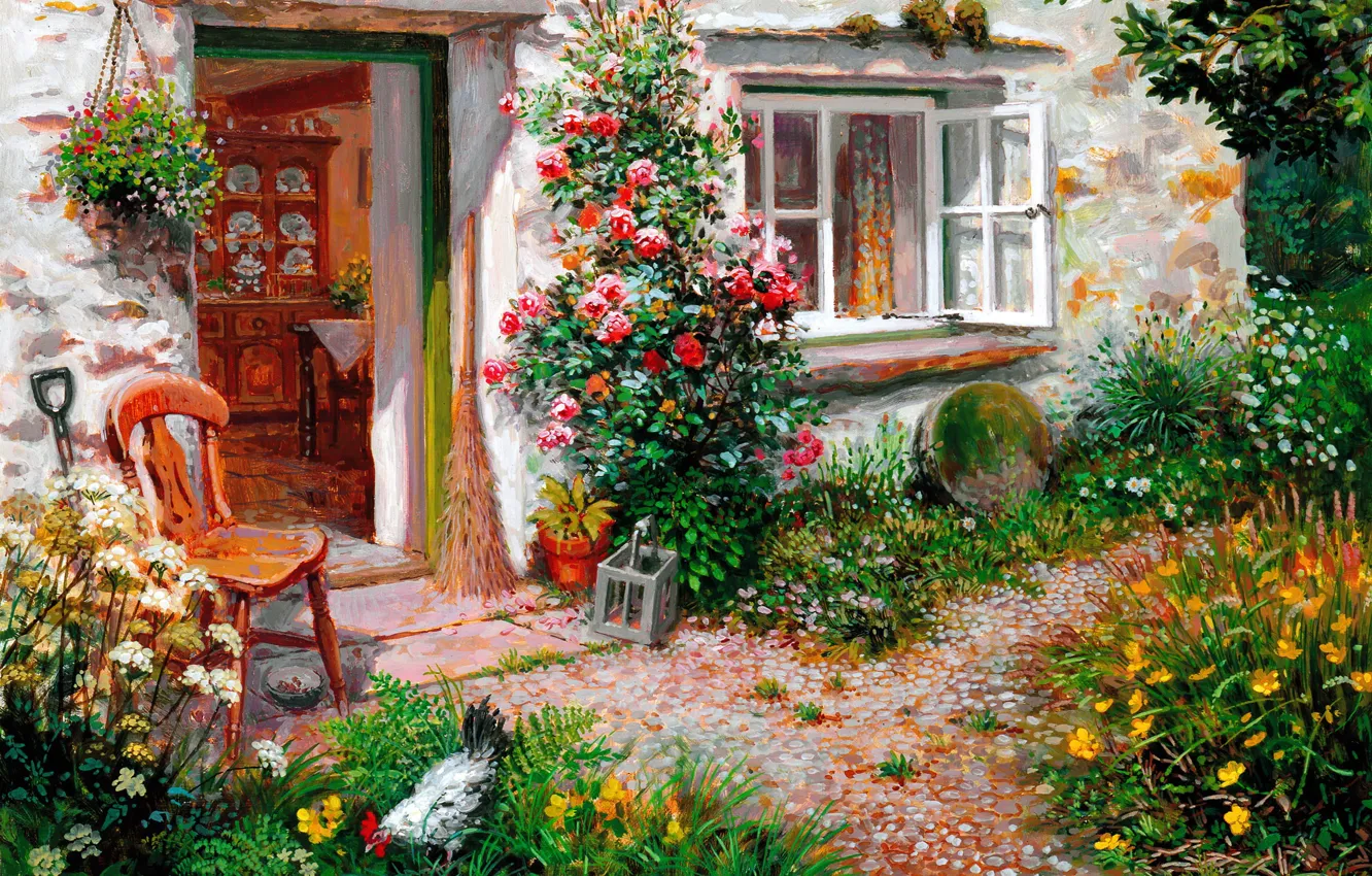 Фото обои лето, цветы, дом, окно, двор, стул, петух