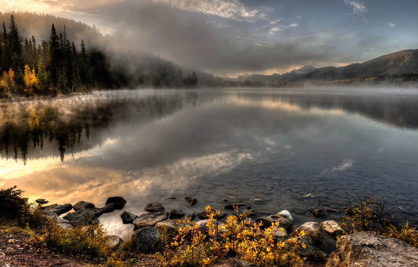 Фото обои пейзаж, туман, озеро
