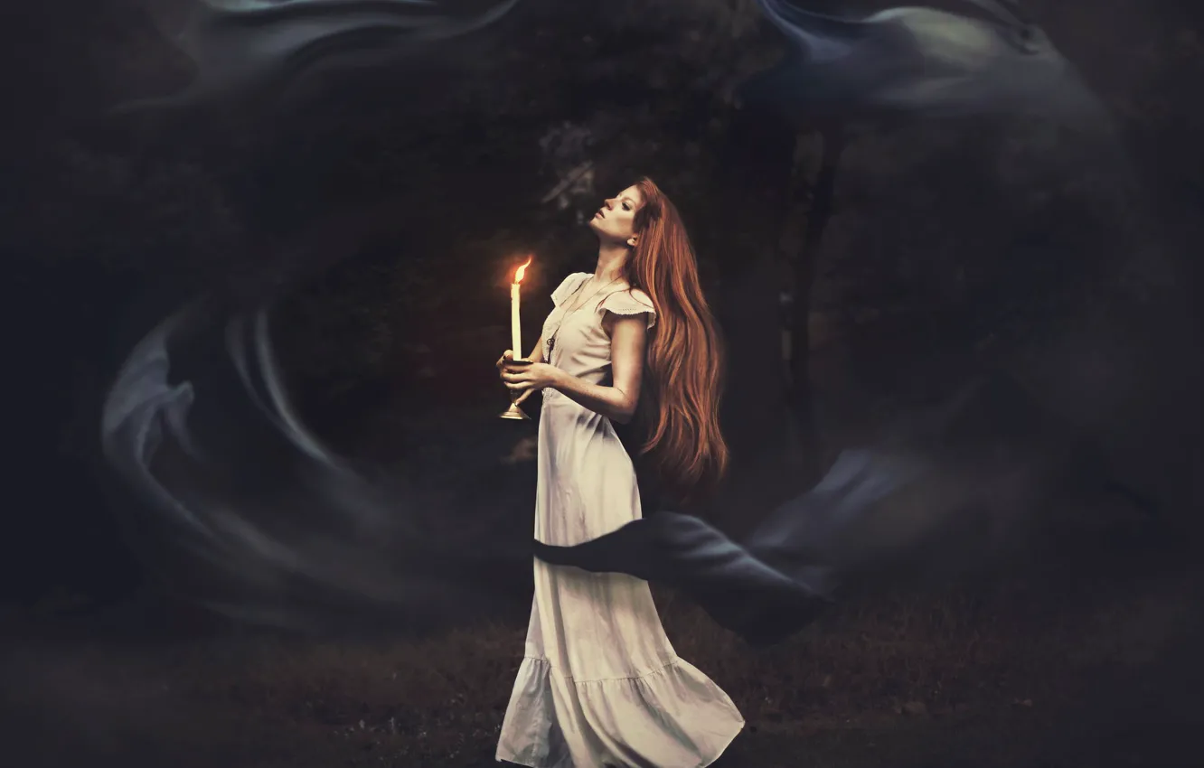 Фото обои взгляд, девушка, поза, огонь, волосы, свеча, платье, Shelby Robinson