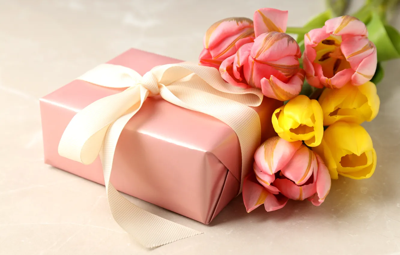 Фото обои цветы, подарок, тюльпаны, happy, 8 марта, pink, flowers, tulips