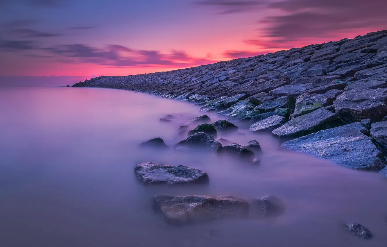 Фото обои море, закат, берег