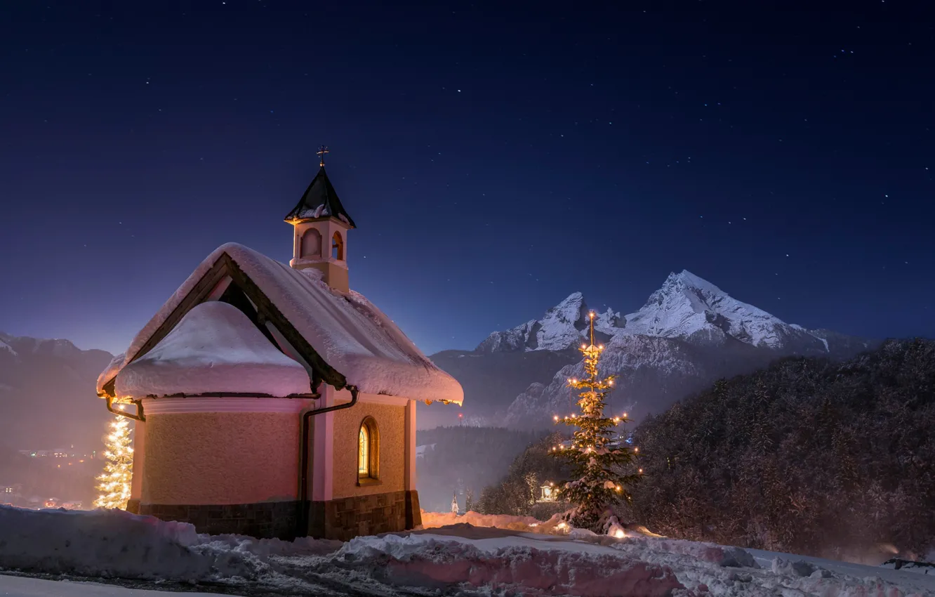 Фото обои зима, ночь, храм, Bavaria, Berchtesgaden