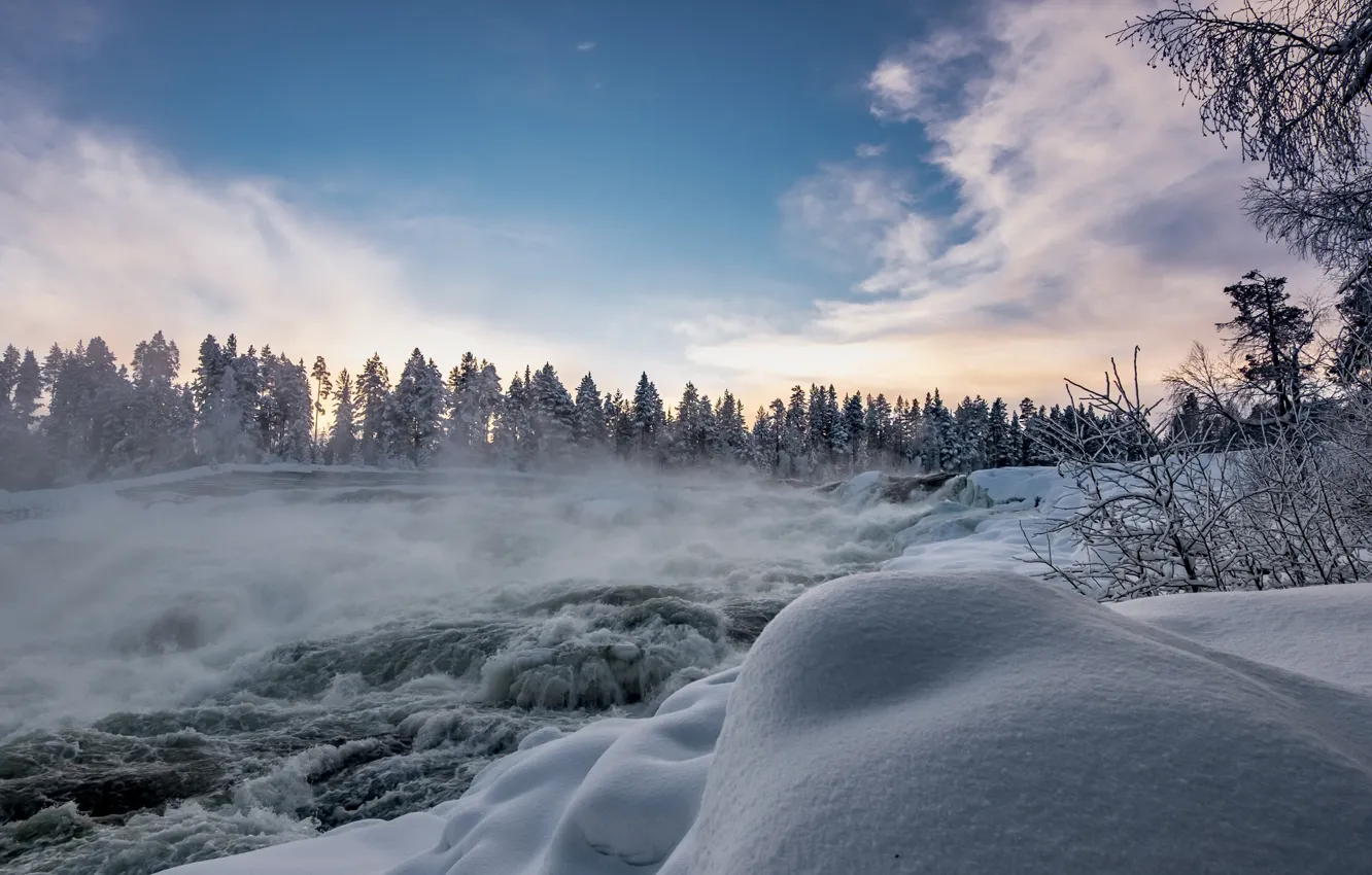 Фото обои зима, снег, река, поток, утро