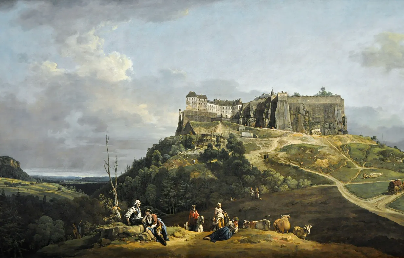 Фото обои природа, люди, замок, картина, антонио каналетто, antonio kanaletto, festung königstein
