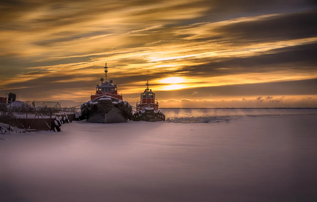 Фото обои закат, лёд, корабли