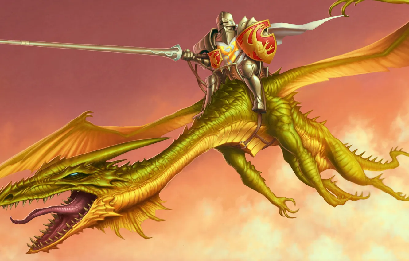 Фото обои язык, дракон, крылья, копье, рыцарь