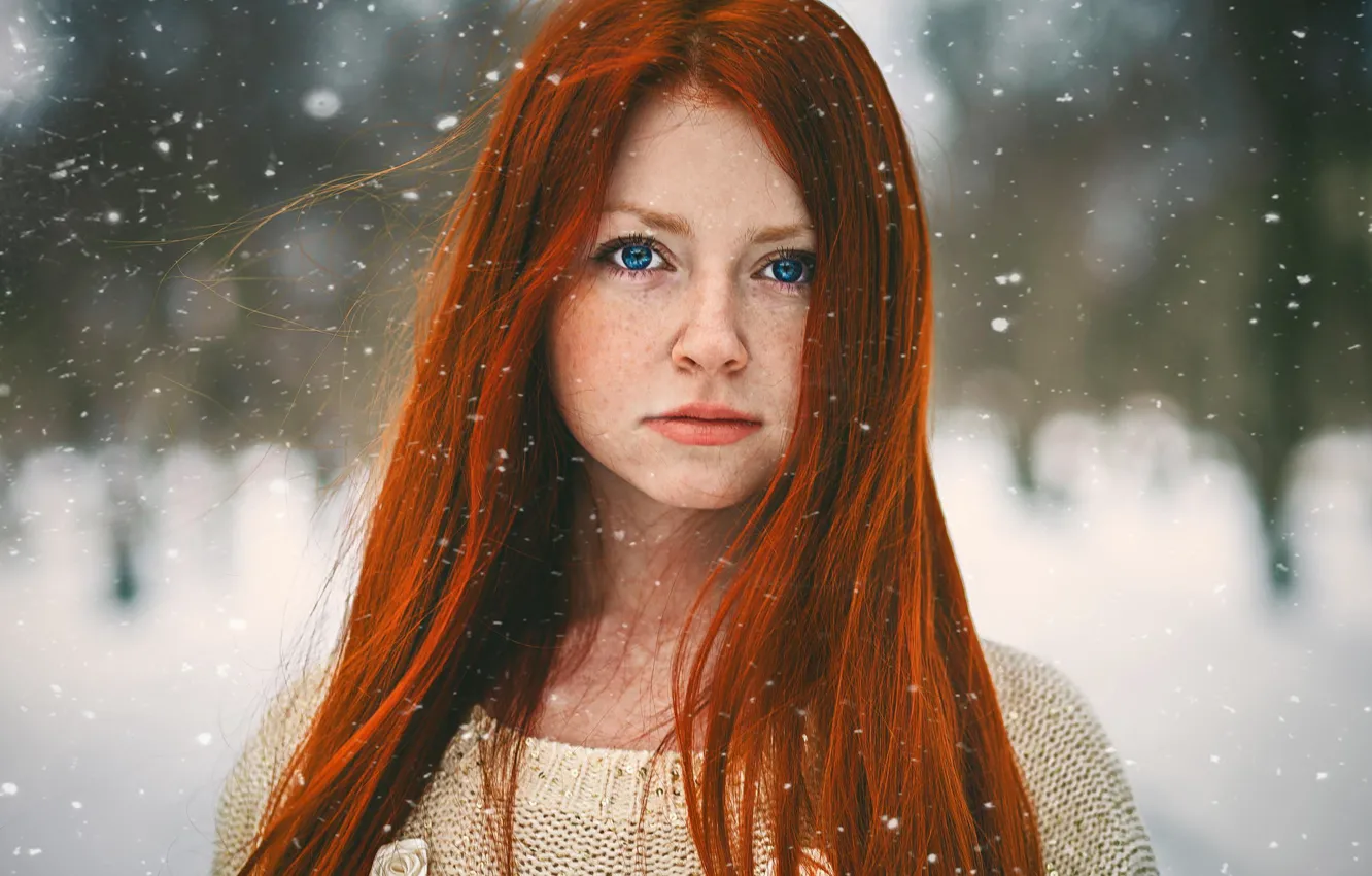 Фото обои снег, портрет, рыжеволосая, red girl