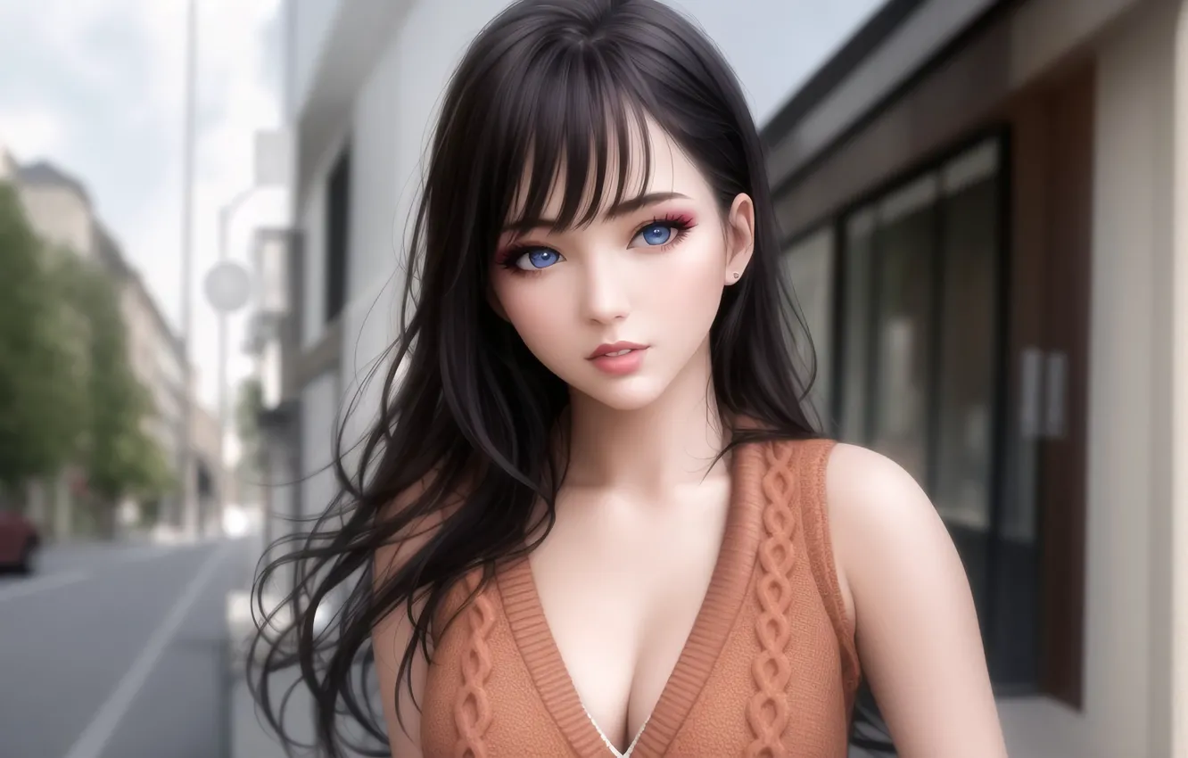 Фото обои city, blue eyes, street, women, brunette, digital art, anime girls, AI art