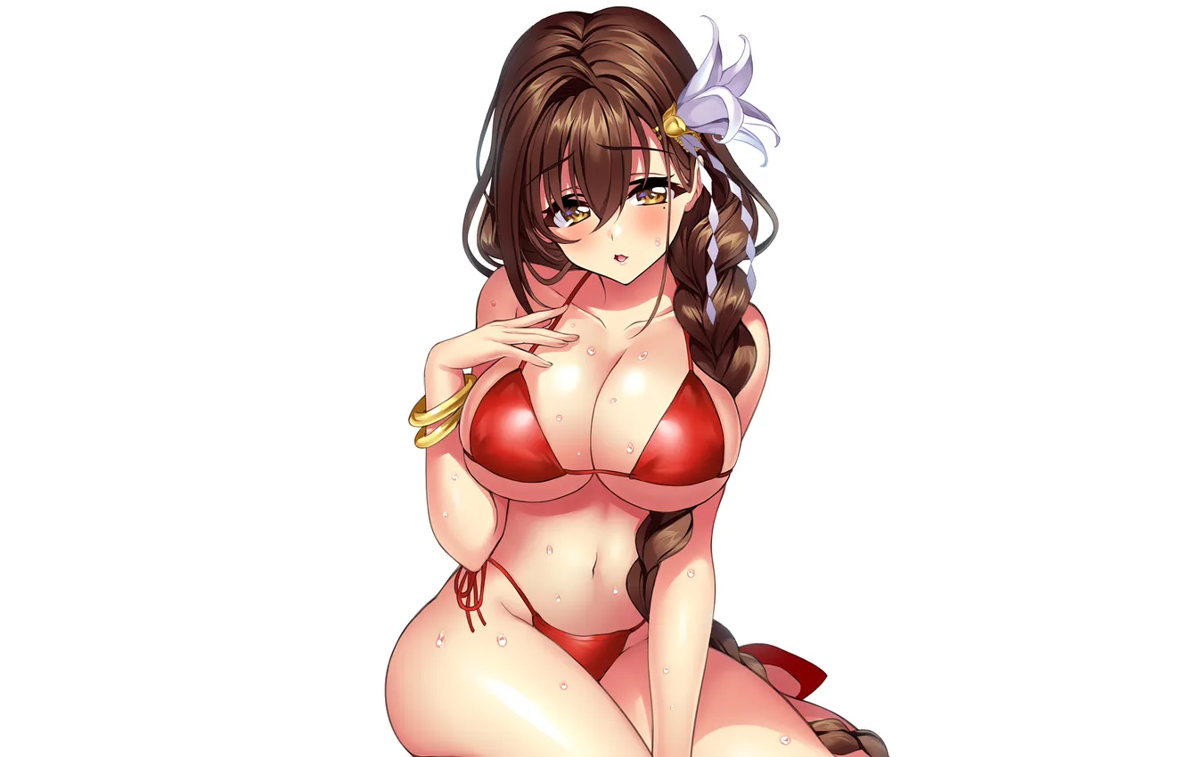 Фото обои girl, sexy, wet, cleavage, long hair, brown hair, boobs, anime