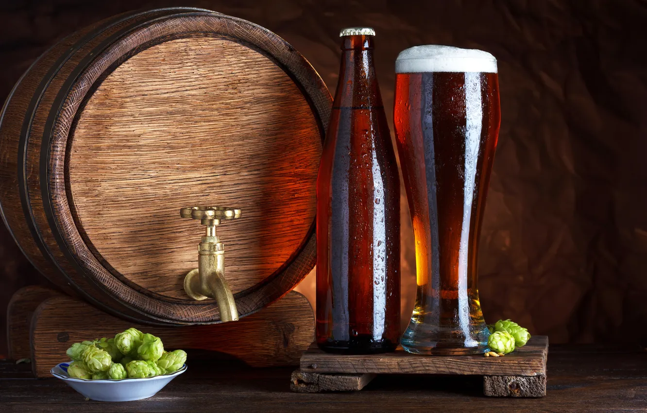 Фото обои стакан, пиво, бочка, beer, хмель, barrel