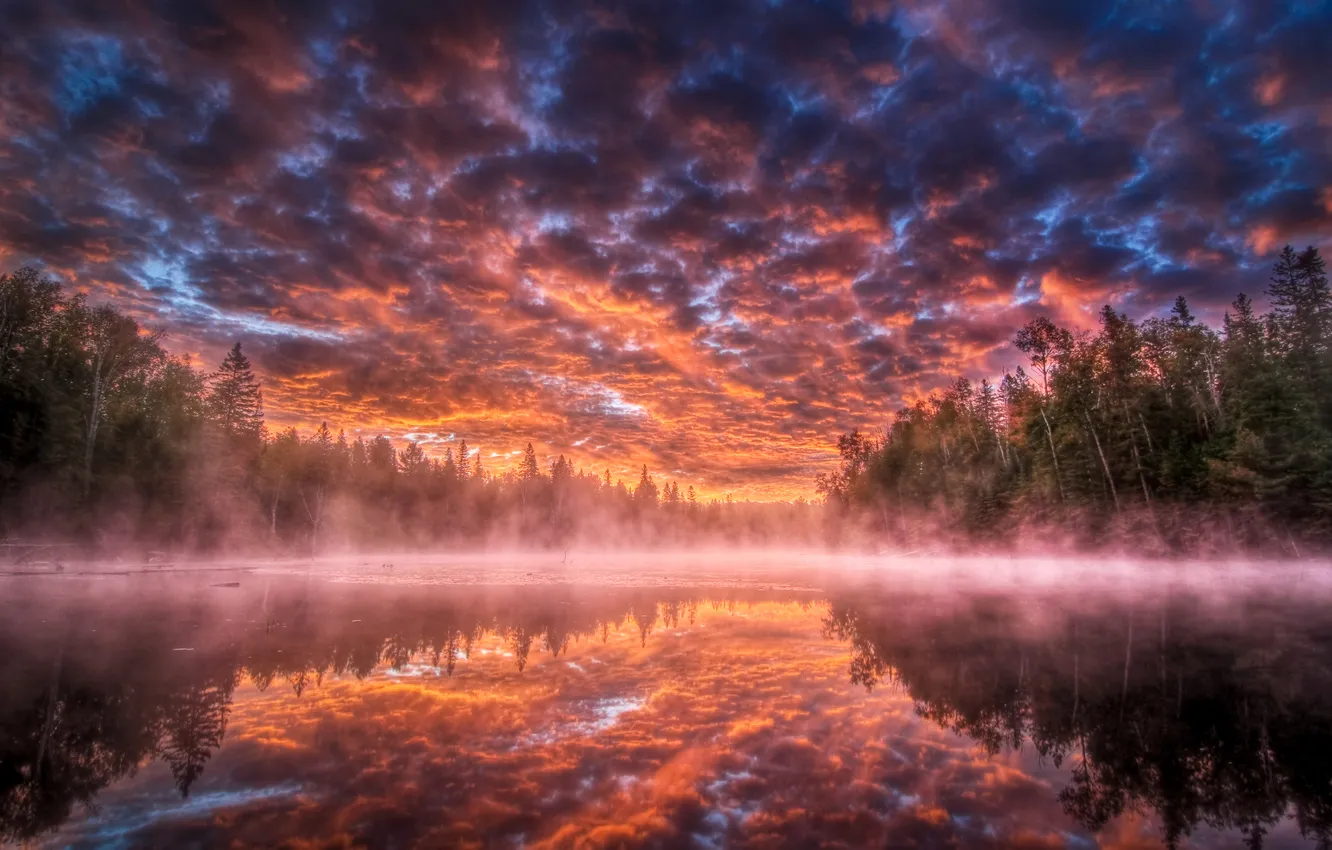 Фото обои облака, туман, озеро, река, HDR