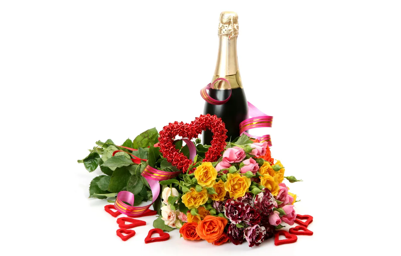 Фото обои цветы, праздник, бутылка, розы, букет, сердечки, белый фон, шампанское