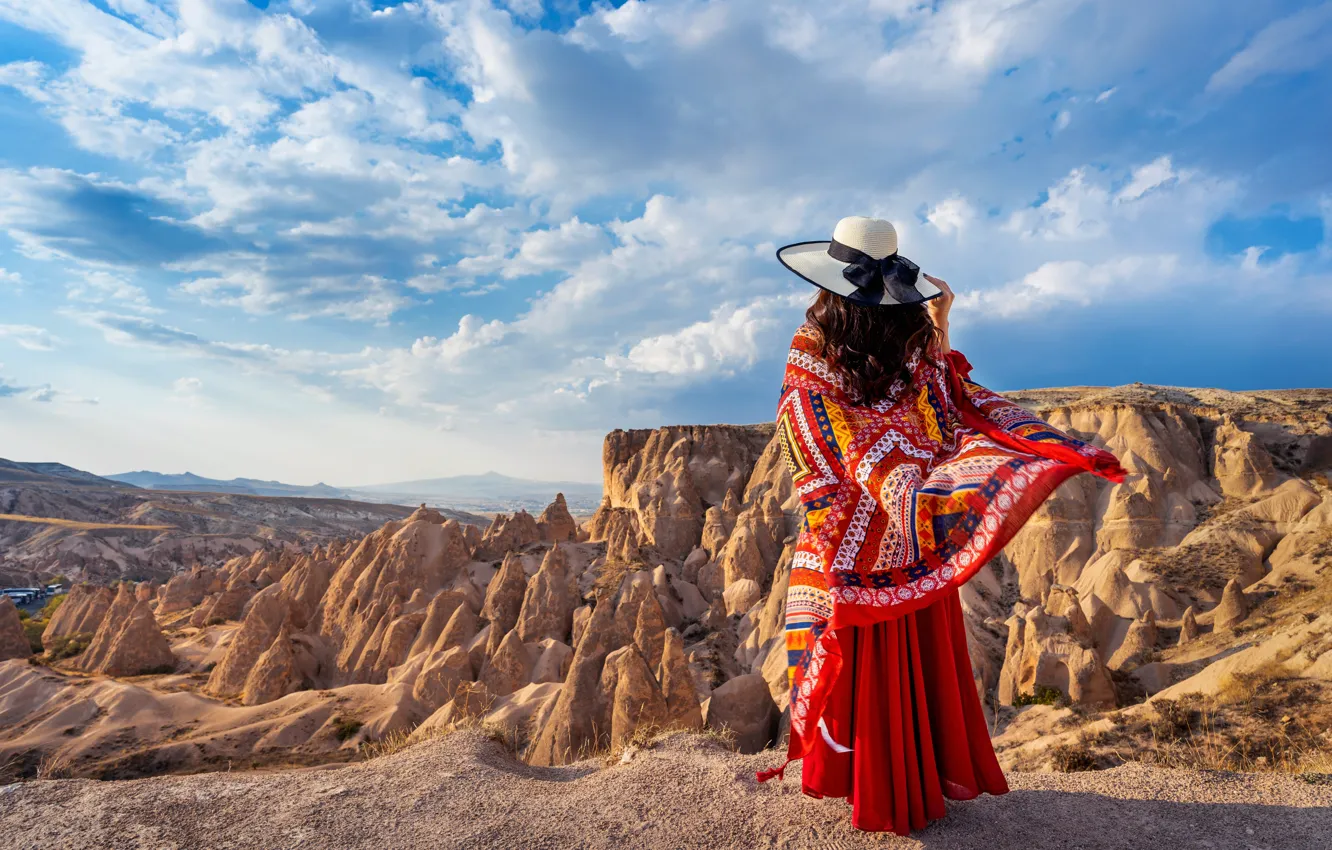 Фото обои девушка, горы, природа, шляпа, каньоны