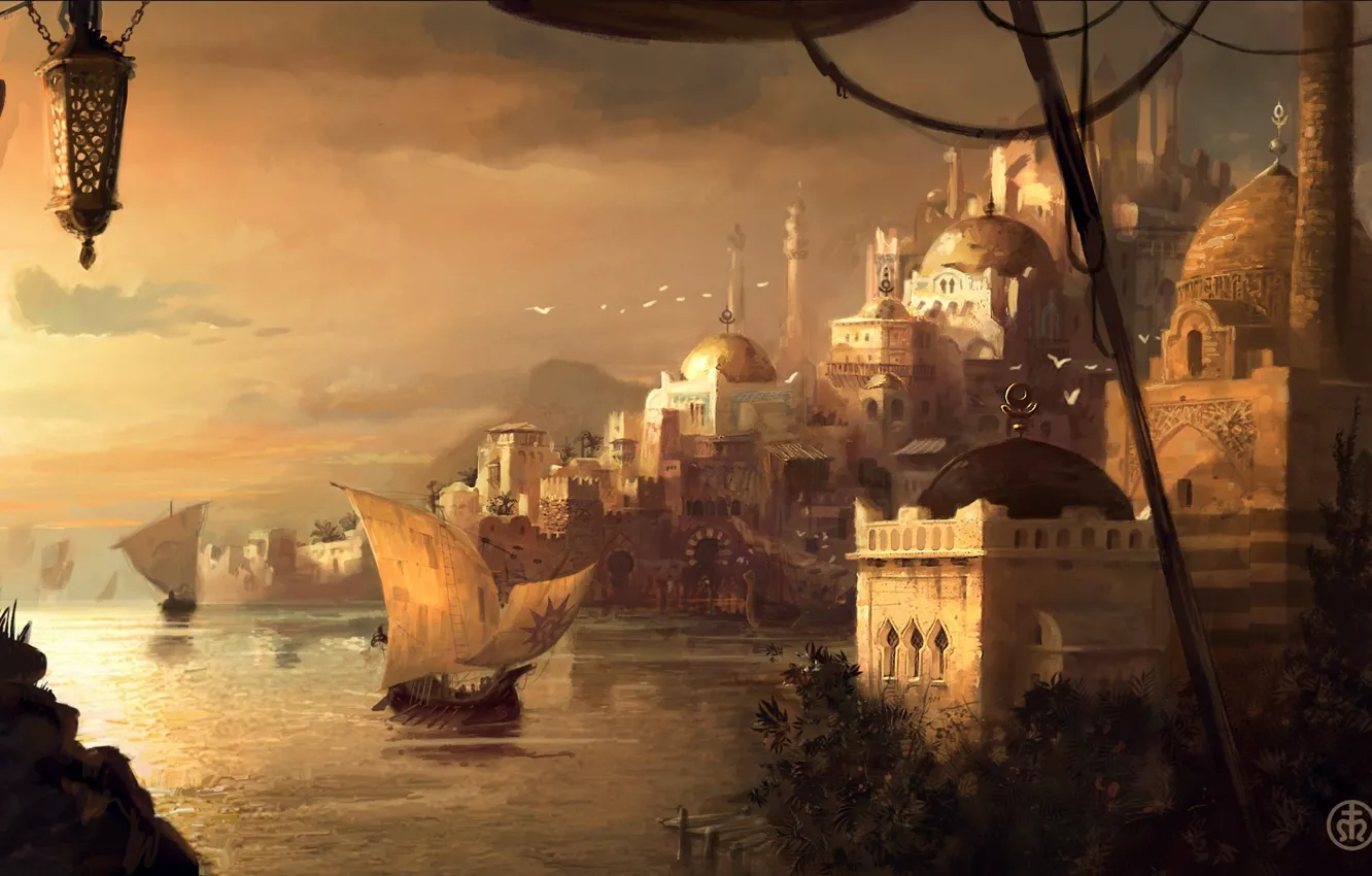 Фото обои море, Стамбул, гавань, Istanbul, минарет, парусники, мечети, розовое небо