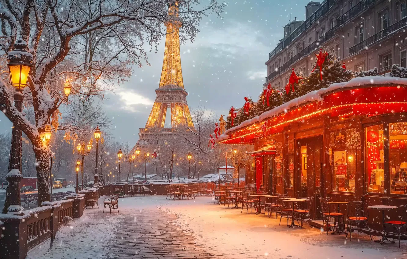 Фото обои lights, snow, Eiffel Tower, lights Christmas, Paris Coffee Shop