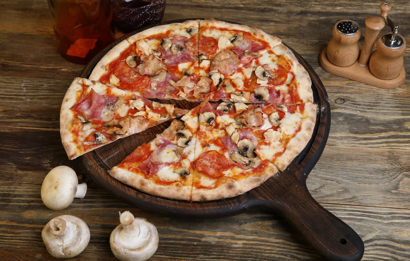 Фото обои сыр, пицца, томат, шампиньоны, начинка