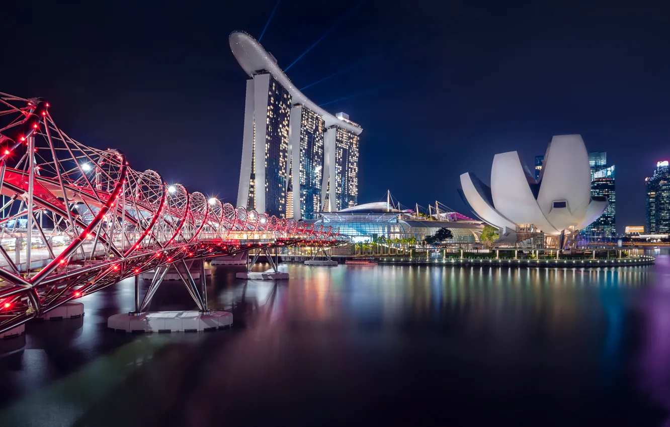 Фото обои ночь, мост, город, Singapore