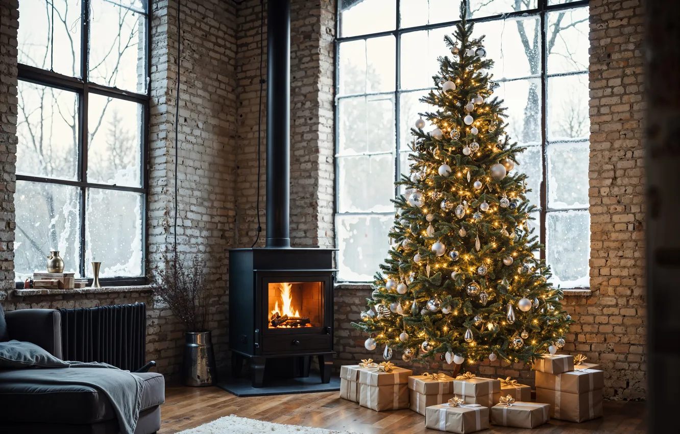 Фото обои украшения, комната, елка, интерьер, Рождество, подарки, Новый год, Christmas