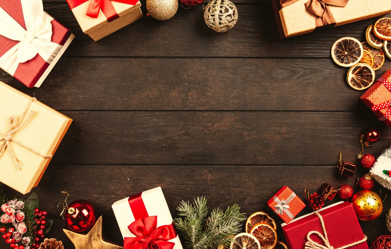 Фото обои зима, праздник, доски, Рождество, Новый год, коробки, новогодние украшения, новогодние декорации