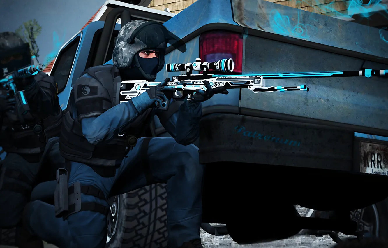 Фото обои машина, дым, двое, спецназ, awp, workshop, cs go, gunsmith