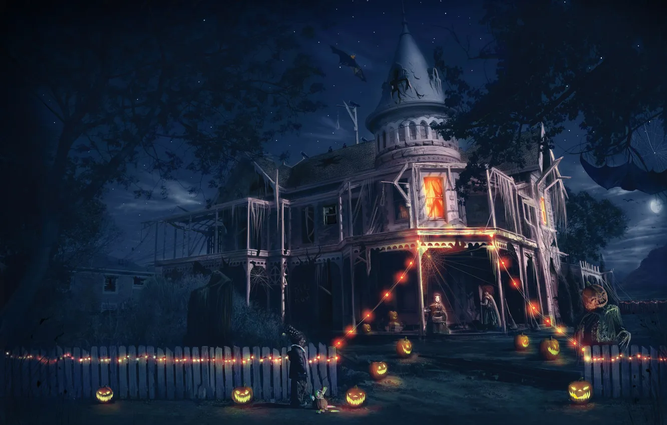 Фото обои дом, мальчик, арт, Хэллоуин, Helloween