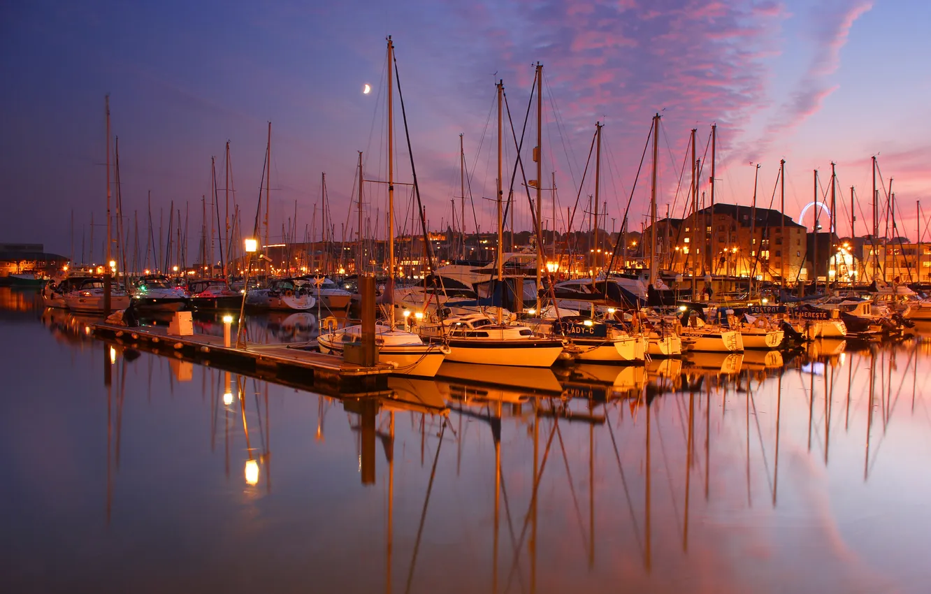 Фото обои закат, город, яхты, катера, Plymouth, England, яхт-клуб, Cattedown