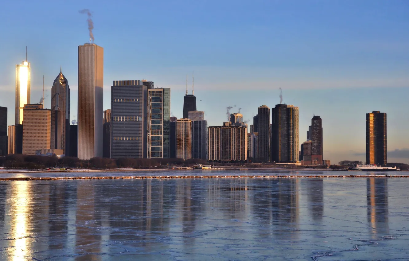 Фото обои зима, город, Чикаго, Иллиноис, панорамма