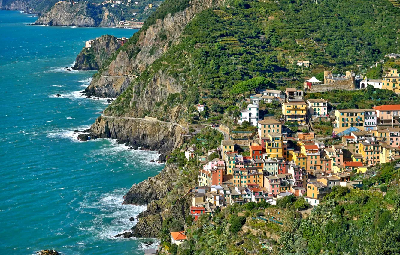 Фото обои море, пейзаж, скалы, дома, Италия, Риомаджоре, Чинкве-Терре, Лигурия