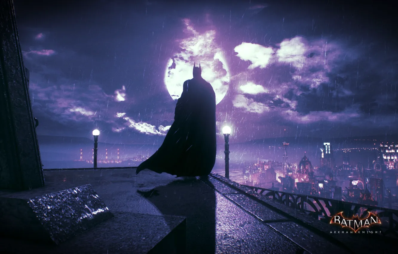 Фото обои city, batman, moon, dc comics, Batman Arkham Knight