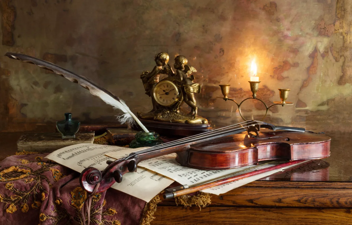 Фото обои ноты, перо, скрипка, часы, свеча, чернильница