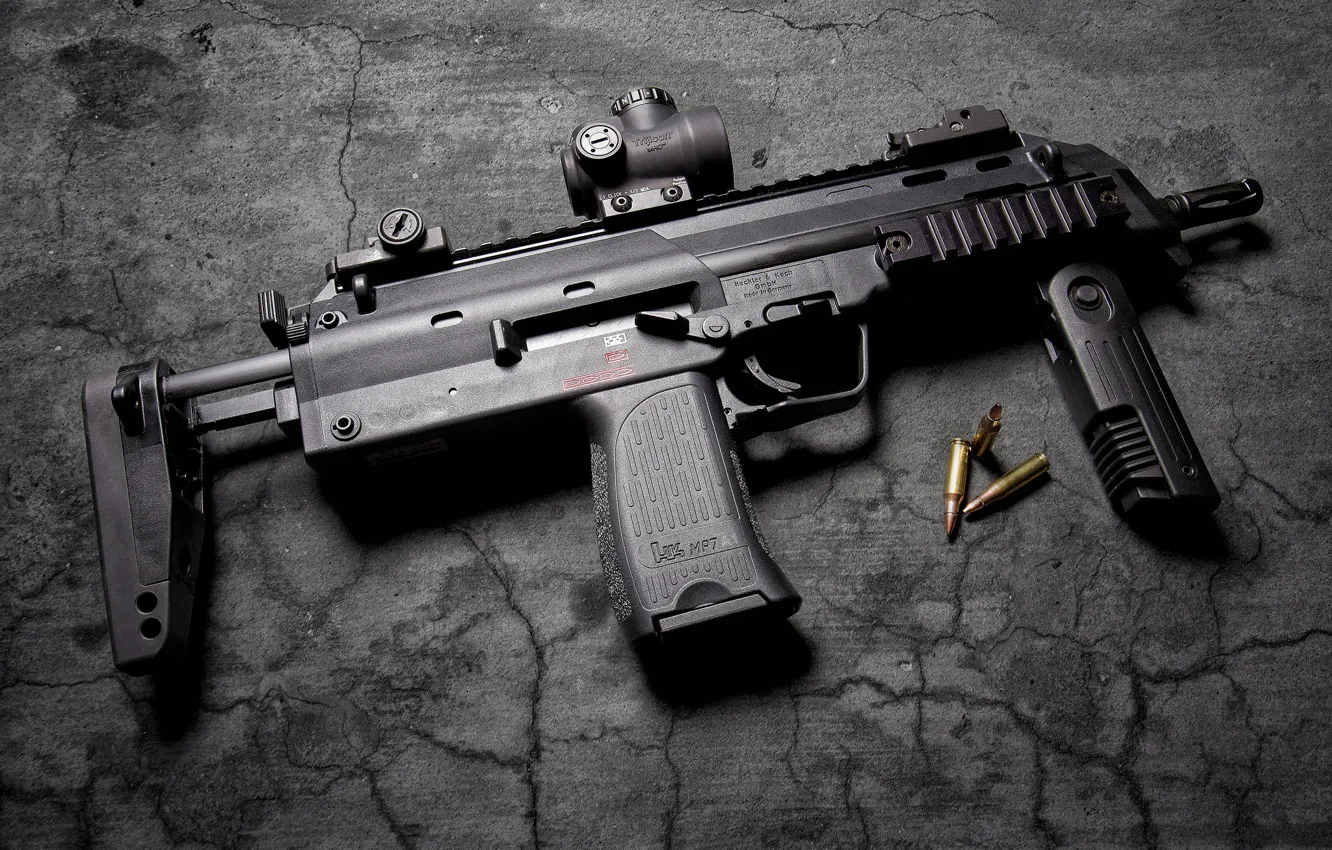 Фото обои оружие, фон, автомат, патроны, Heckler & Koch MP7