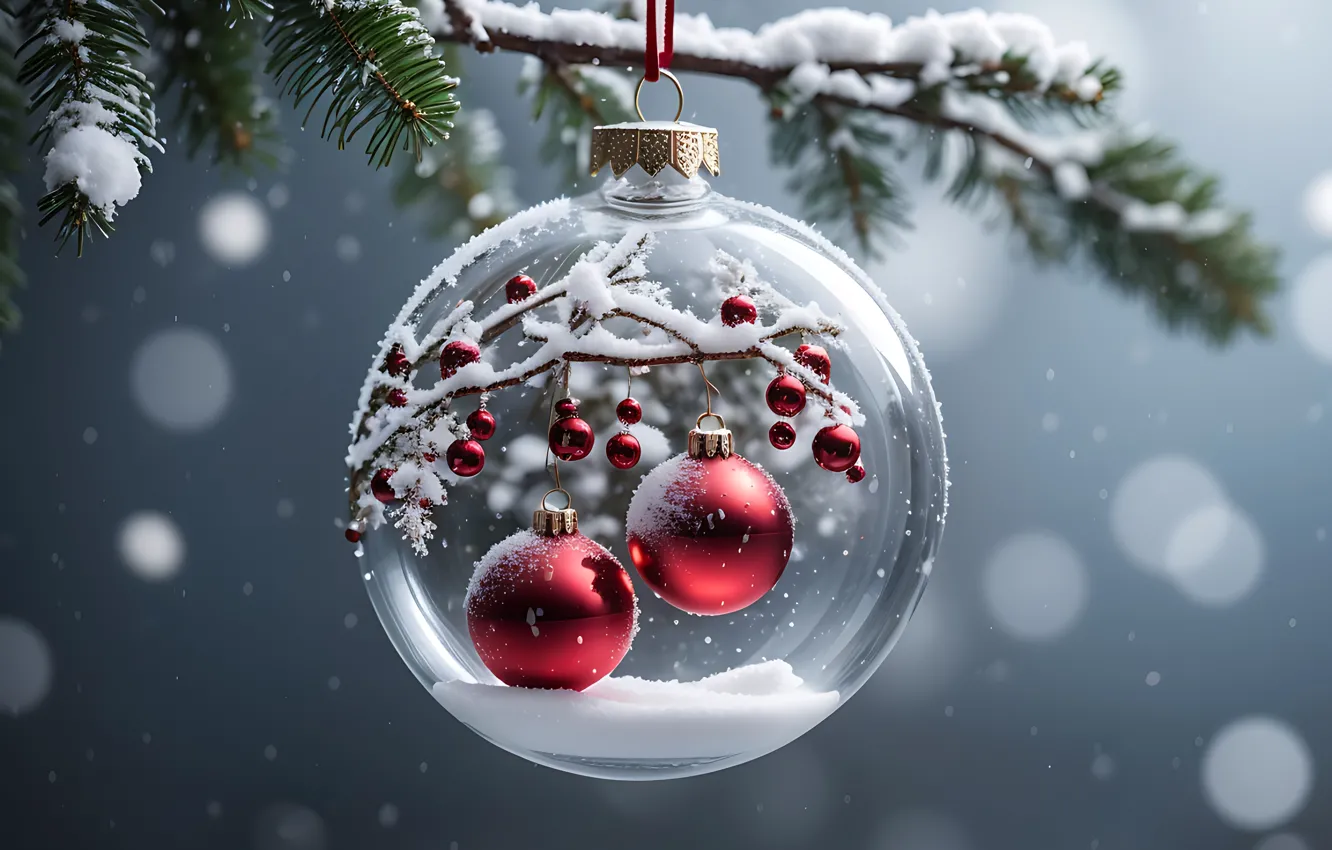 Фото обои зима, снег, украшения, шары, Новый Год, Рождество, glass, new year