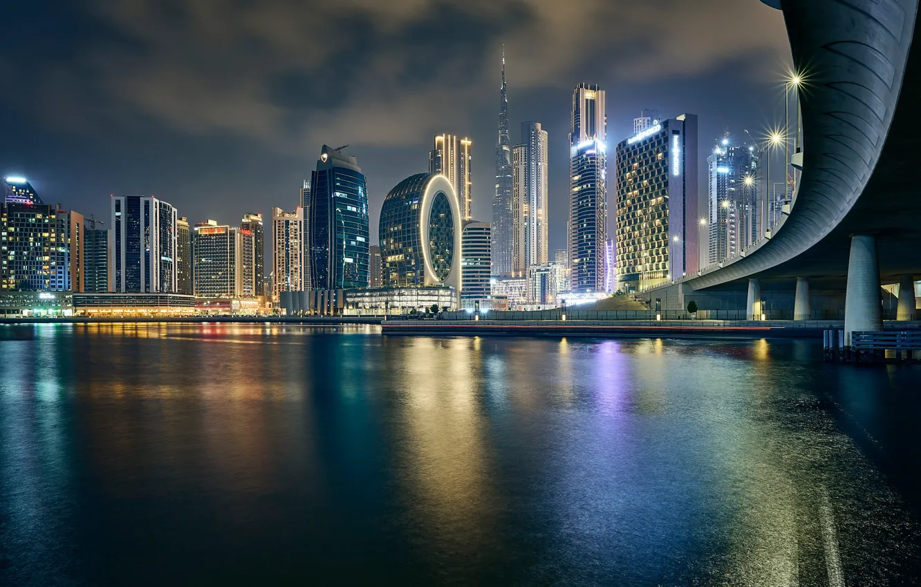 Фото обои вода, мост, здания, дома, Дубай, ночной город, Dubai, небоскрёбы