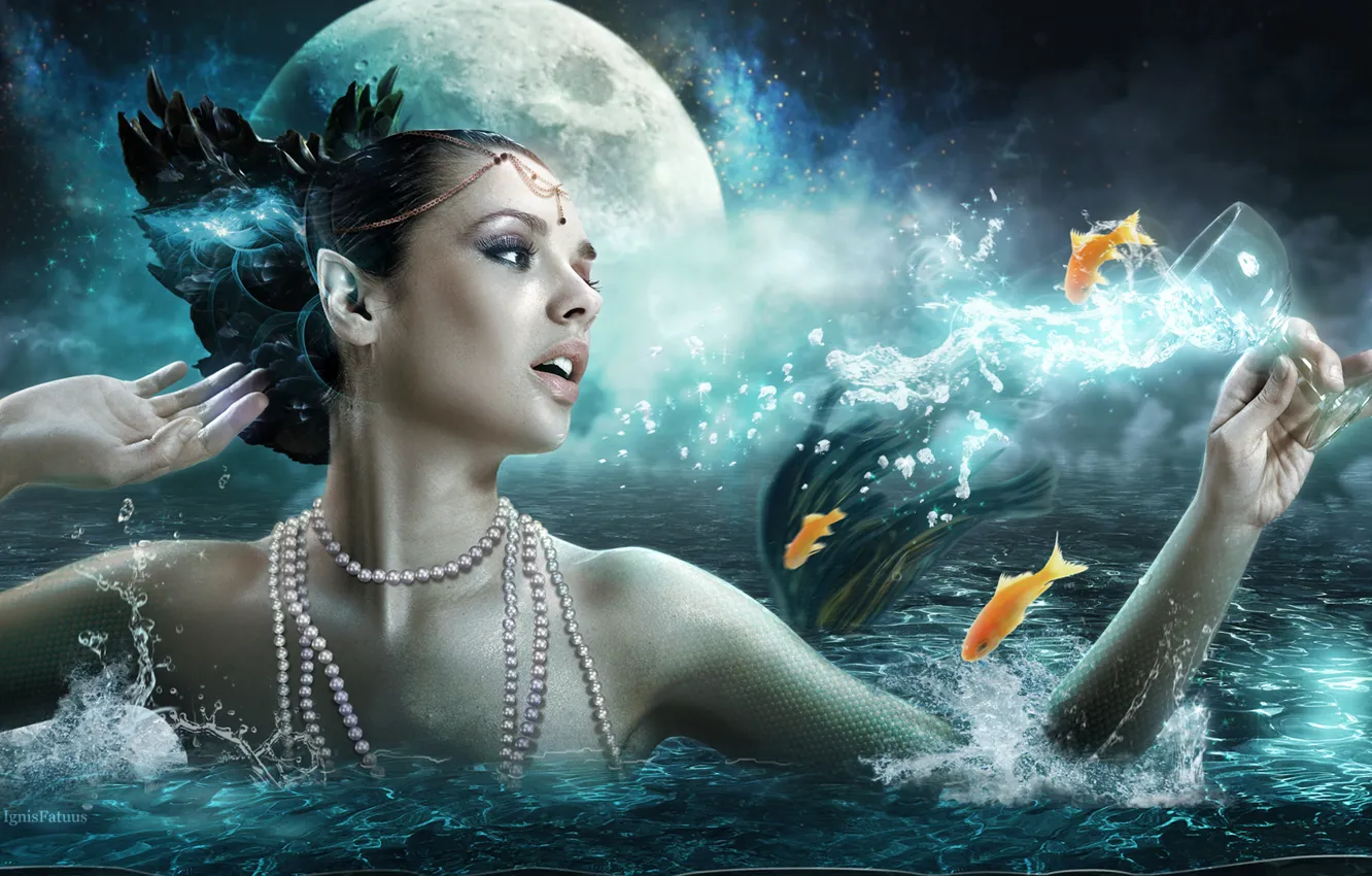 Фото обои море, девушка, рыбки, луна, girl, moon, fantasy, sea