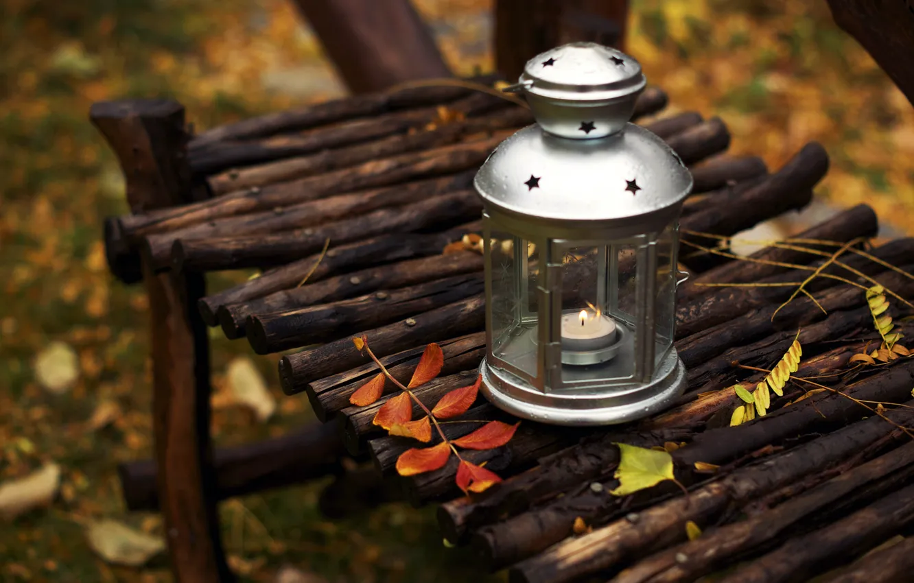 Фото обои осень, листья, скамейка, природа, свеча, лавочка, фонарик, фонарь
