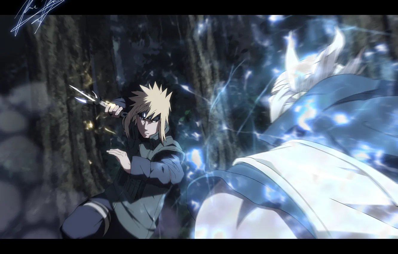 Фото обои молния, арт, кунай, Naruto Shippuden, Минато против Райкаге