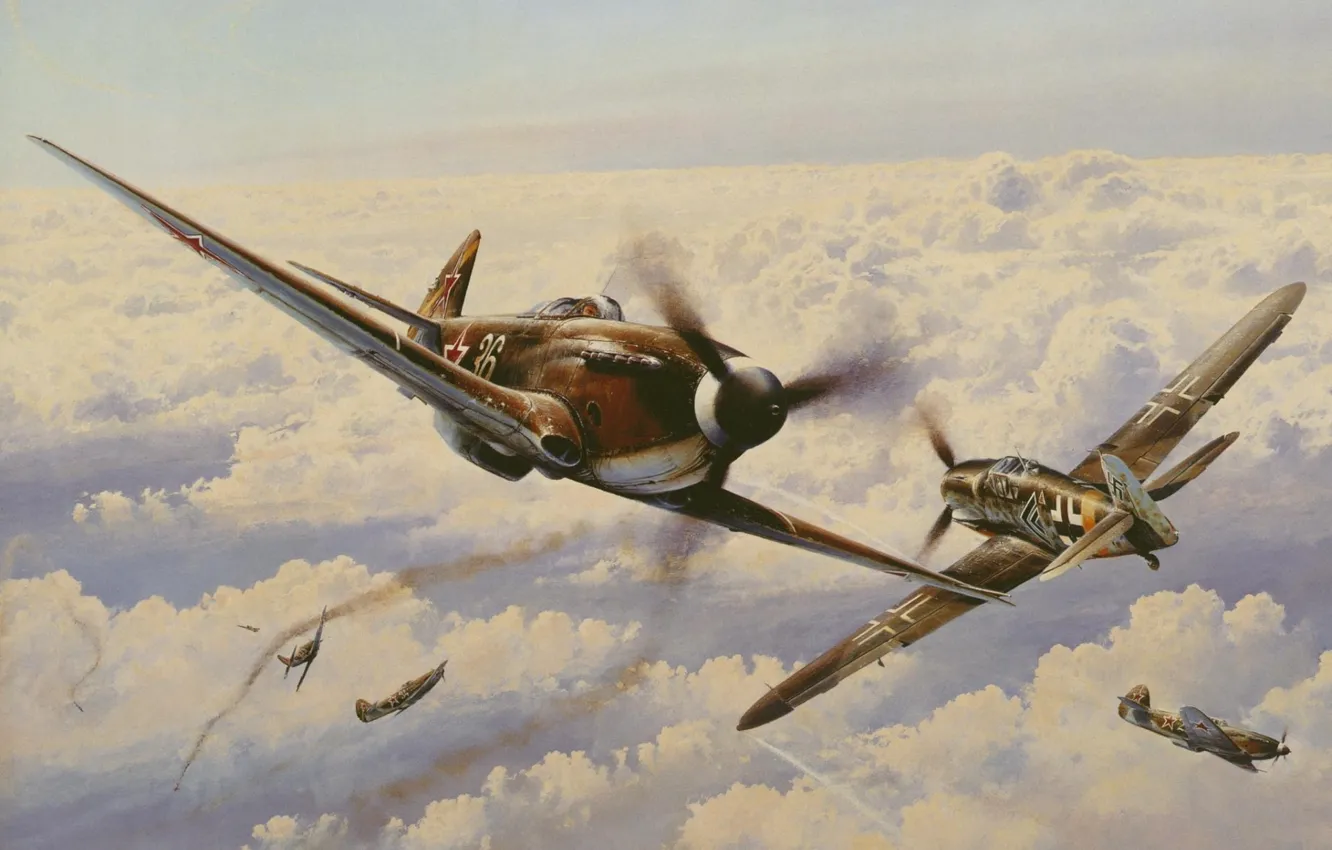 Фото обои небо, облака, война, истребитель, бой, вираж, Арт, Messerschmitt