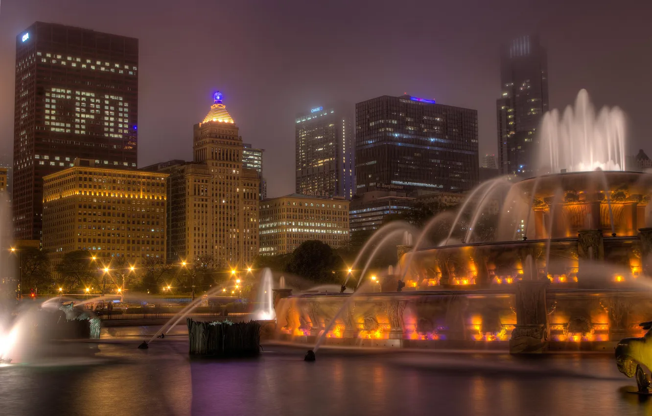 Фото обои ночь, город, огни, небоскребы, Чикаго, фонтан, США, Chicago